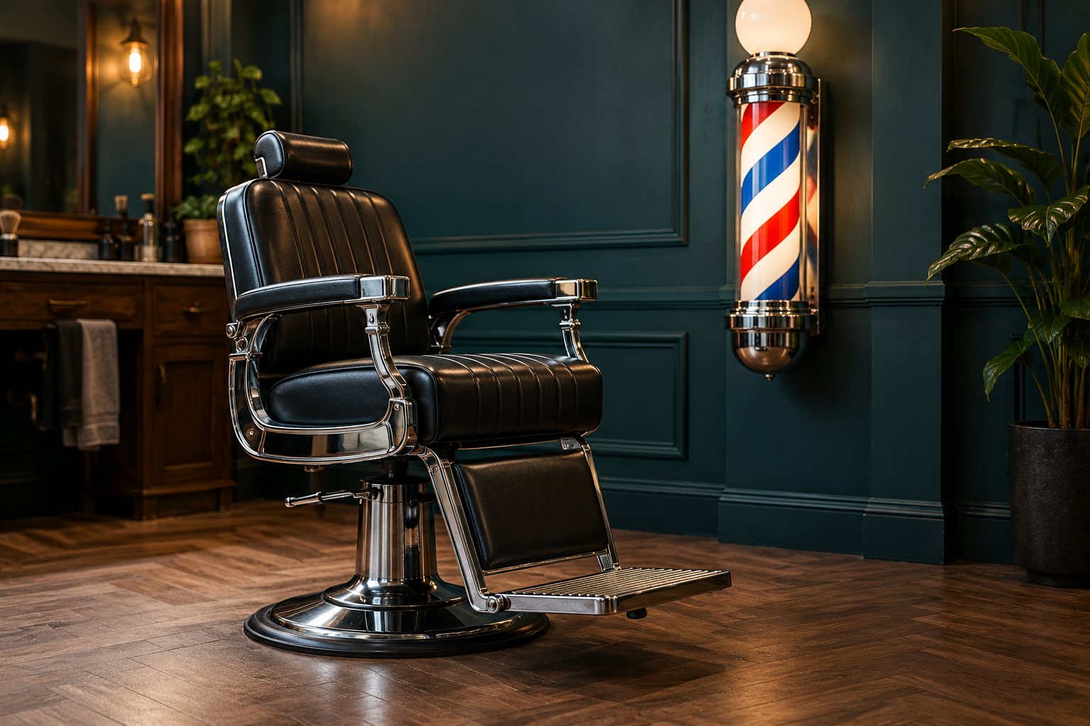 Classic black barber chair beside a red, white, and blue barber pole